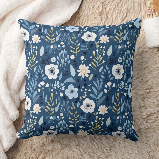 Shade of Blue with White and Yellow Pretty Flowers Throw Pillow (Blanket)