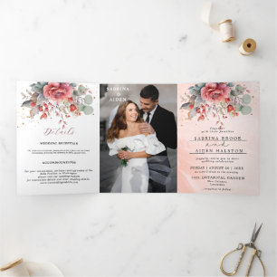 Shade Of Blush Pink Peach Dusty Blue Wedding Tri-Fold Announcement