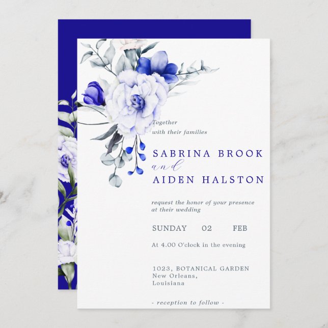 Shade Of Royal Blue Ivory Floral Wedding  Invitation (Front/Back)