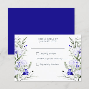 Shade Of Royal Blue Ivory Floral Wedding  RSVP Card