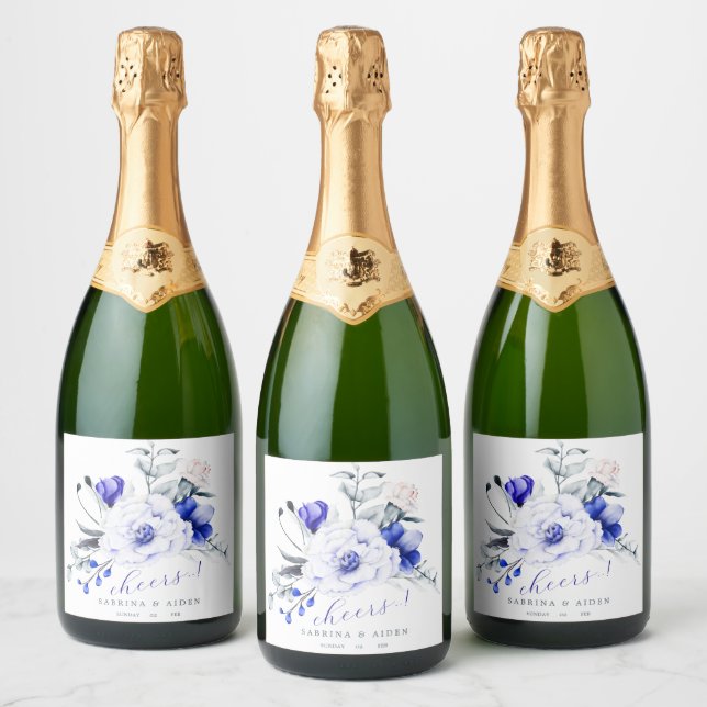 Shade Of Royal Blue Ivory Floral Wedding Sparkling Wine Label (Bottles)