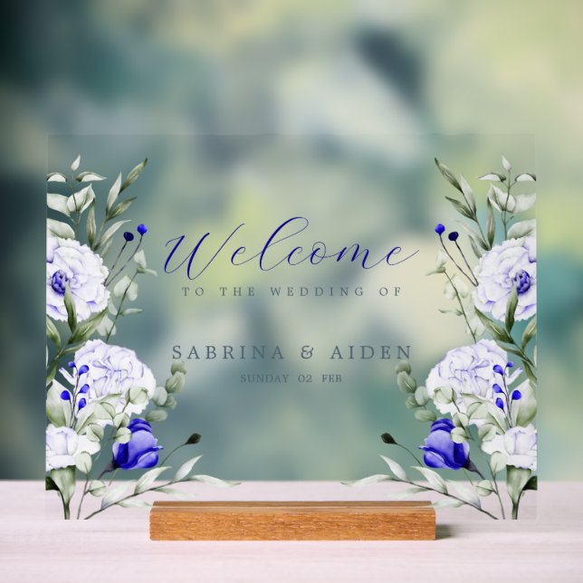 Shade Of Royal Blue Ivory Floral  Wedding Welcome  Acrylic Sign (Neutral)