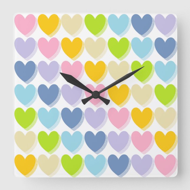 Shaded Pastel Rainbow Hearts Square Wall Clock (Front)
