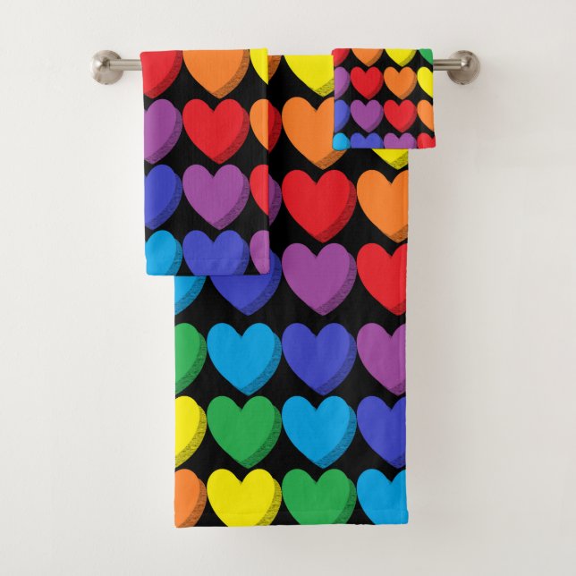 Shaded Rainbow Hearts Black Bath Towel Set (Insitu)