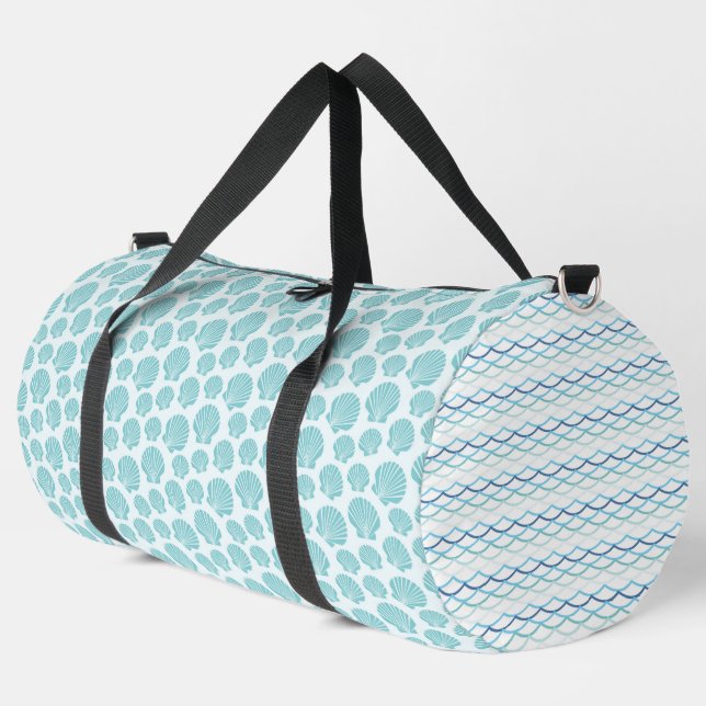 SHADES OF BLUE & AQUA SEASHELLS & WAVE PATTERN DUFFLE BAG (Left Corner)
