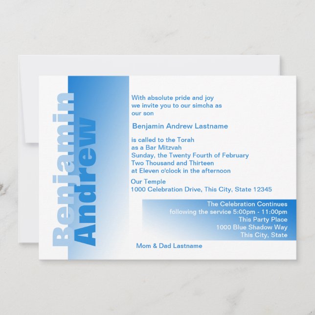 Shades of Blue Bar Mitzvah Invitation (Front)