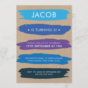 Shades Of Blue Brush Strokes Boys 5th Birthday Invitation