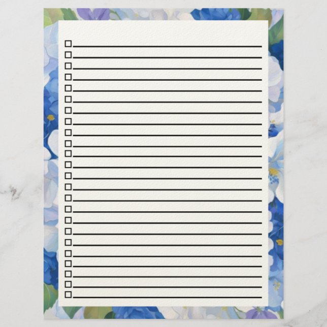 Shades of Blue Florals To Do List Letterhead (Front)