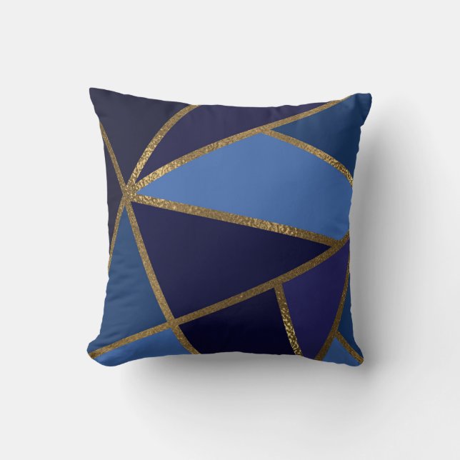 Shades of Blue & Gold Bronze Geometric Chic Throw Pillow (Front)
