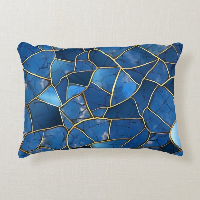 SHADES OF BLUE & GOLD MOSAIC CHIP PATTERNS ACCENT PILLOW (Front)