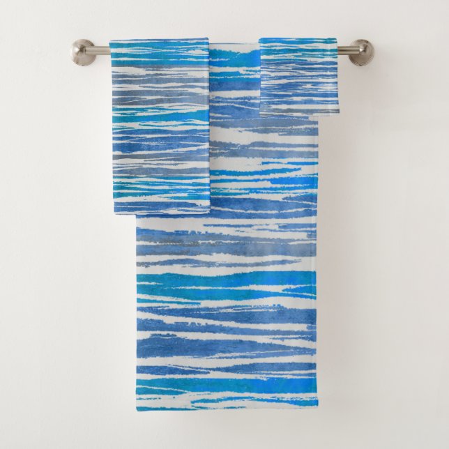 Shades of Blue, Grey, and White Ombre Striped Bath Towel Set (Insitu)