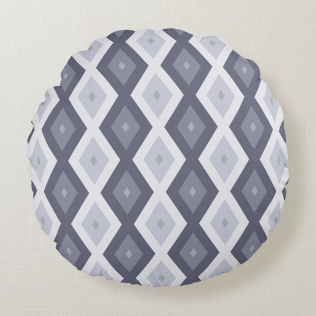 Shades of blue grey diamond pattern round pillow (Front)