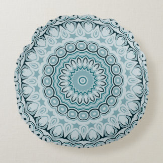 Shades of Blue Kaleidoscope Flowers Design Round Pillow