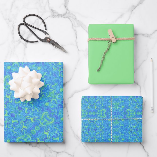 Shades of Blue & Lime Green Swirl Pattern Wrapping Paper Sheet (Front)