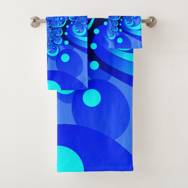 Shades of Blue Modern Abstract Fractal Art Bath Towel Set (Insitu)