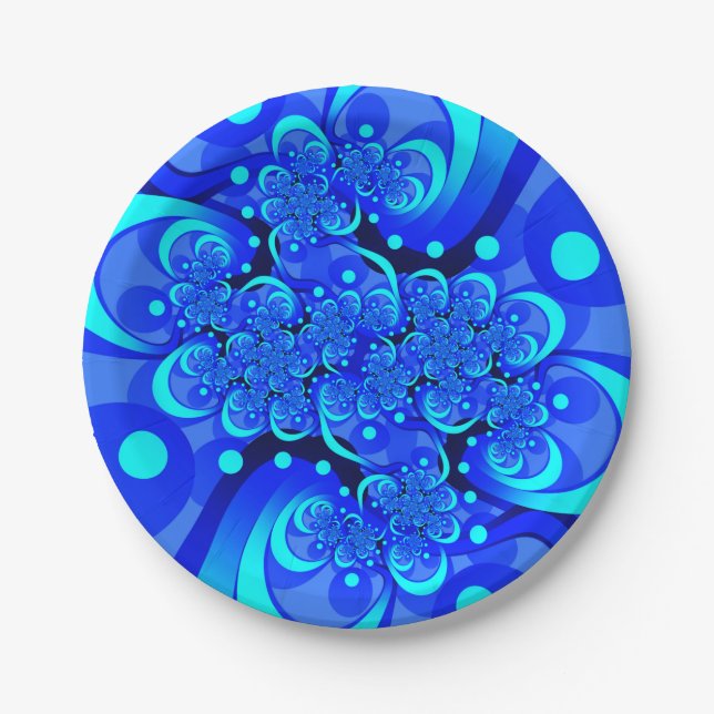 Shades of Blue Modern Abstract Fractal Art Paper Plate (Front)