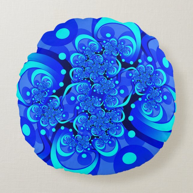 Shades of Blue Modern Abstract Fractal Art Round Pillow (Front)