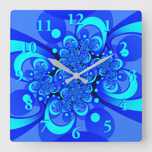 Shades of Blue Modern Abstract Fractal Art Square Wall Clock (Front)
