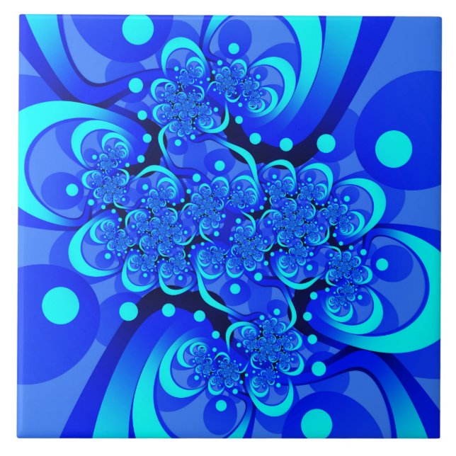 Shades of Blue Modern Abstract Fractal Art Tile (Front)