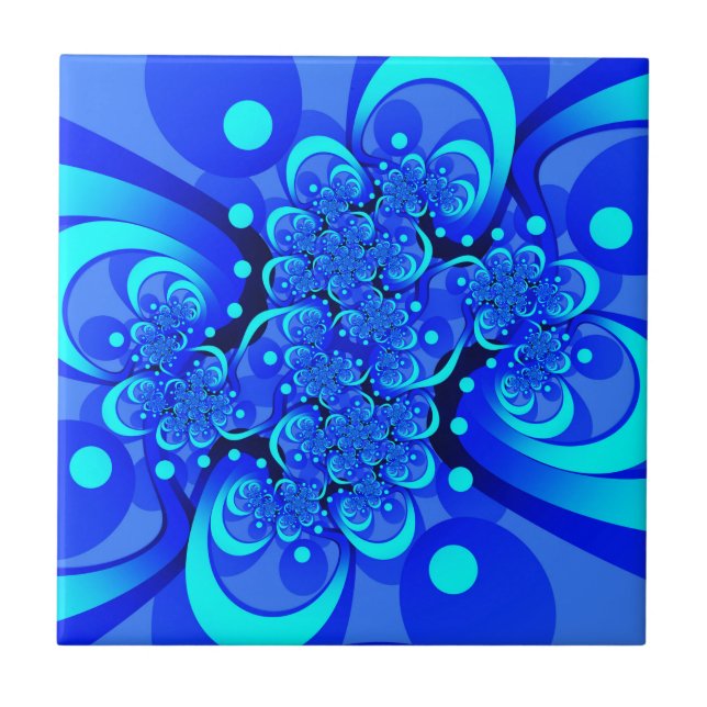 Shades of Blue Modern Abstract Fractal Art Tile (Front)