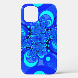Shades of Blue, Modern Abstract Fractal  Initials iPhone 12 Pro Case