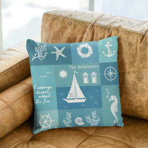 Shades of Blue Nautical Beach House Throw Pillow