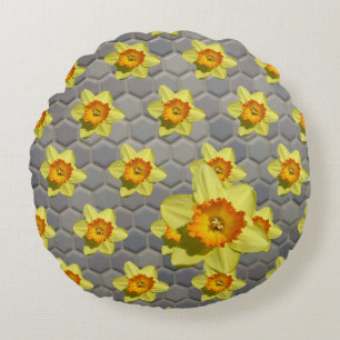 Shades of Blue Pattern Daffodils Round Pillow