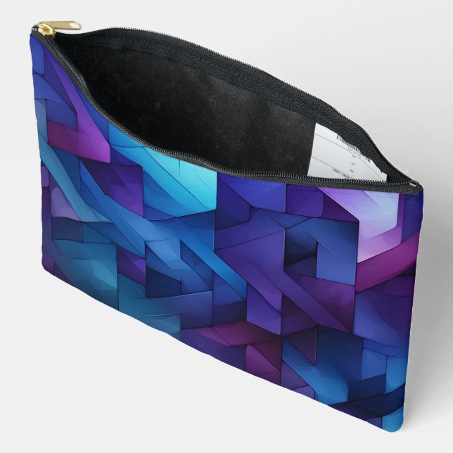 SHADES OF BLUE & PURPLE ZIG ZAG PATTERNS ACCESSORY POUCH (Open)
