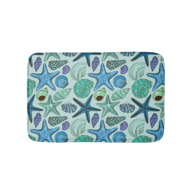 Shades Of Blue Seashells And Starfish Pattern Bath Mat (Front)