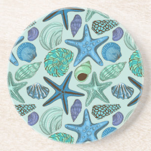 Shades Of Blue Seashells And Starfish Pattern Coaster