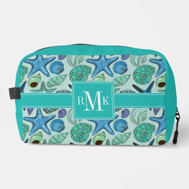 Shades Of Blue Seashells And Starfish Pattern Dopp Kit (Front)