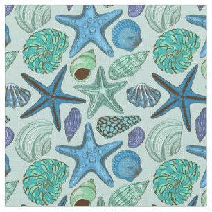 Shades Of Blue Seashells And Starfish Pattern Fabric