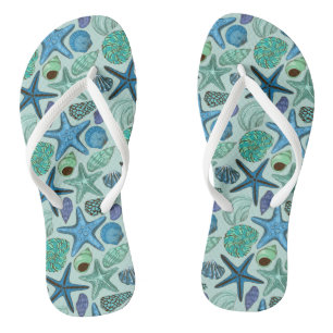 Shades Of Blue Seashells And Starfish Pattern Flip Flops