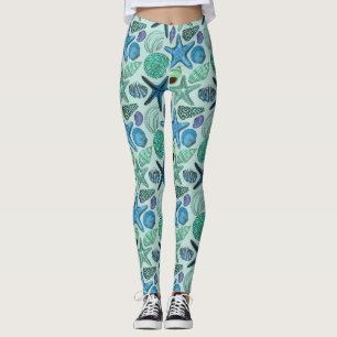 Shades Of Blue Seashells And Starfish Pattern Leggings