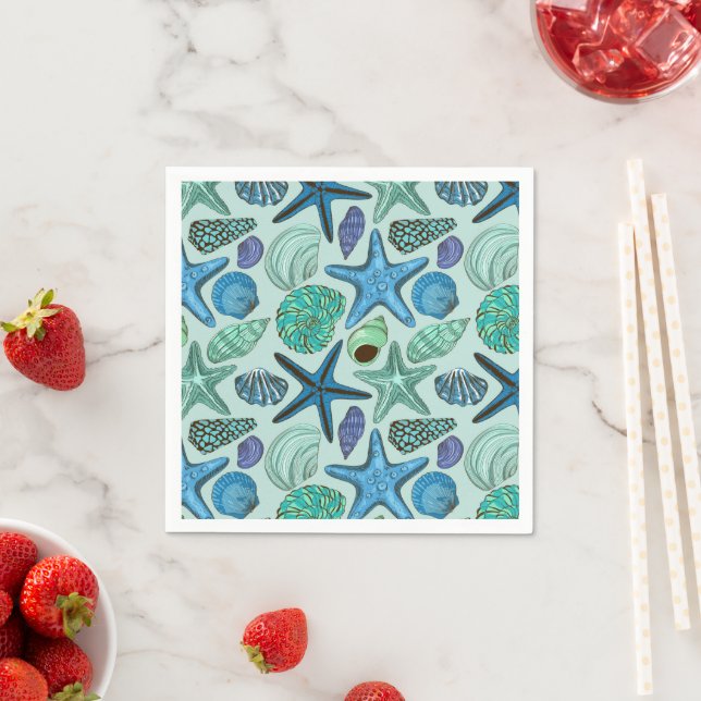 Shades Of Blue Seashells And Starfish Pattern Napkin (Insitu)