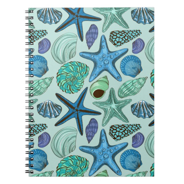 Shades Of Blue Seashells And Starfish Pattern Notebook (Front)