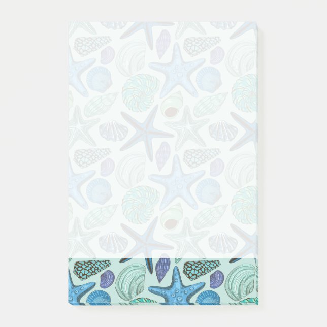 Shades Of Blue Seashells And Starfish Pattern Post-it Notes (Front)