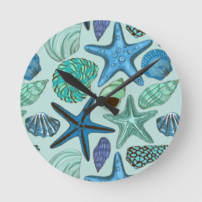 Shades Of Blue Seashells And Starfish Pattern Round Clock (Front)
