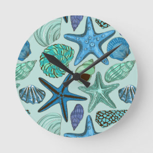 Shades Of Blue Seashells And Starfish Pattern Round Clock