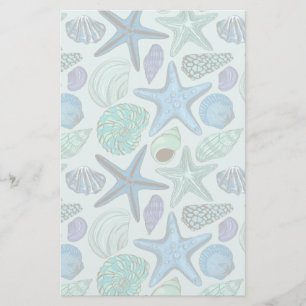 Shades Of Blue Seashells And Starfish Pattern Stationery