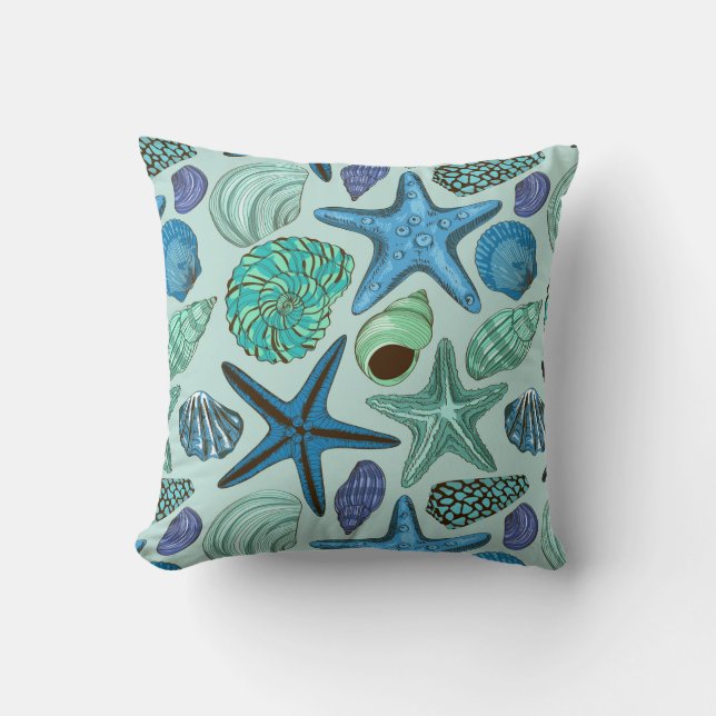 Shades Of Blue Seashells And Starfish Pattern Throw Pillow (Front)