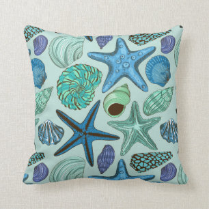 Shades Of Blue Seashells And Starfish Pattern Throw Pillow