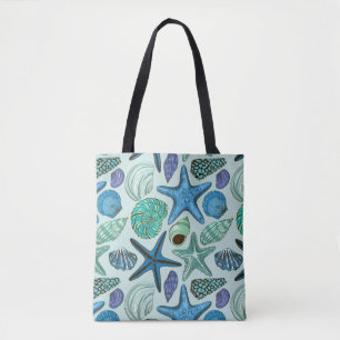 Shades Of Blue Seashells And Starfish Pattern Tote Bag