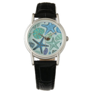 Shades Of Blue Seashells And Starfish Pattern Watch