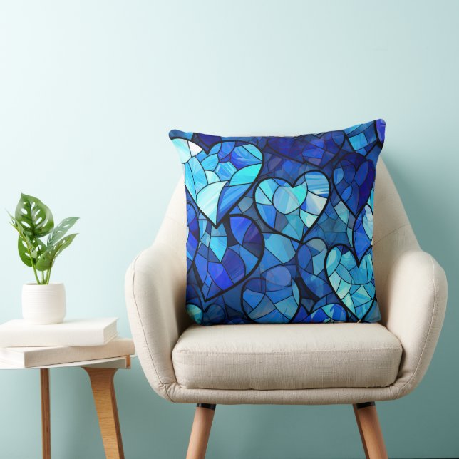 SHADES OF BLUE STAINED GLASS LOOK HEARTS THROW PILLOW (Chair)