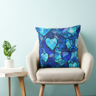 SHADES OF BLUE STAINED GLASS LOOK HEARTS THROW PILLOW
