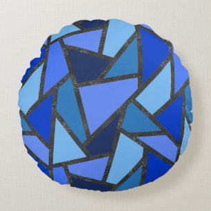 Shades of blue stained glass pattern round pillow