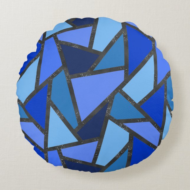 Shades of blue stained glass pattern round pillow (Front)