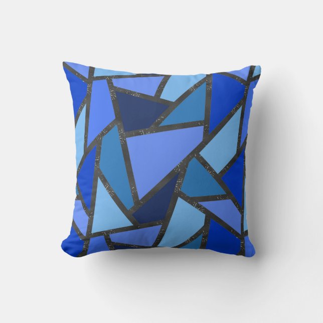 Shades of blue stained glass pattern throw pillow (Front)