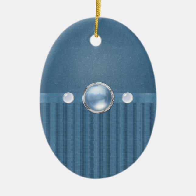 Shades of Blue Stripes and Beads Ceramic Egg Shape Ornament (Front)